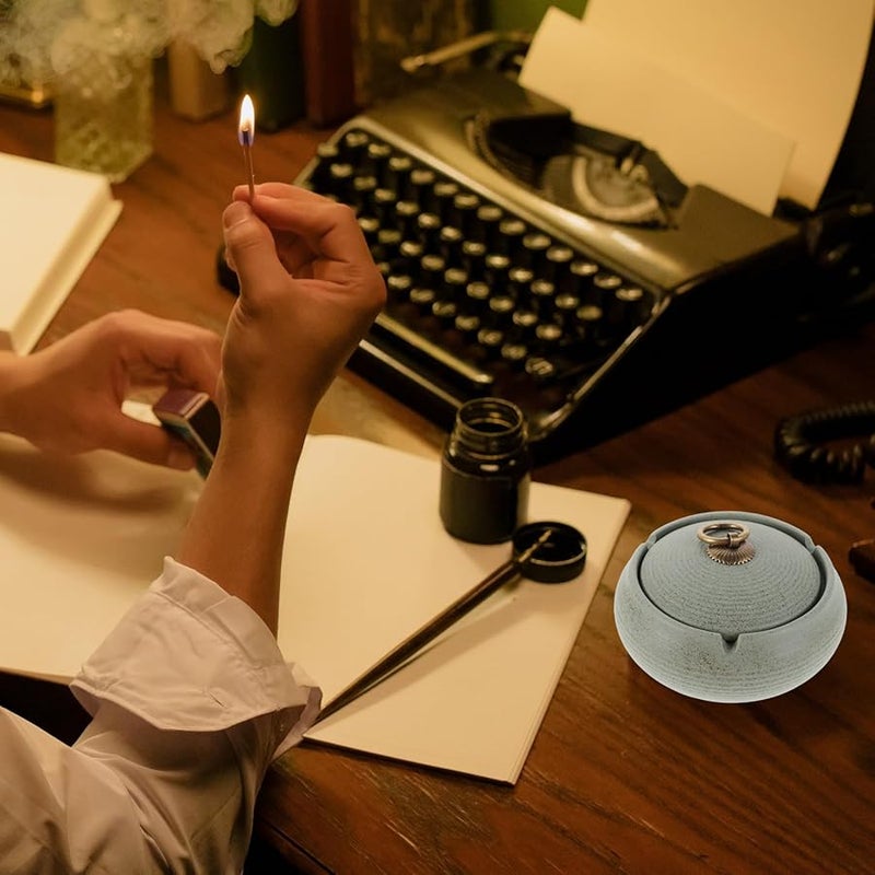 منفضة سجائر خزفية صغيرة باللون الأخضر الفاتح مع غطاء محمولة مضادة للرياح للاستخدام الداخلي والخارجي والسفر - Image 5